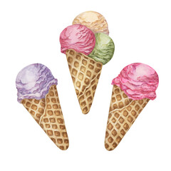 Ice cream cones set in pastel colors. Dessert watercolor illustration of frozen treats for summer feel, cafes, stickers and posters. Hand drawn sweets theme clipart for food and culinary design