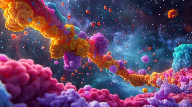 An artistic representation of an enzyme in action, showing substrate binding and catalysis, with colorful accents to emphasize the dynamic nature of enzymatic reactions.