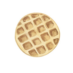 A round, golden waffle with a classic grid pattern. Watercolor topping illustration for desserts, pastry, Realistic hand drawn clipart for ice cream cafe, stand, menu, culinary design, summer fair