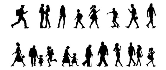 Vector illustration. Large set of black silhouettes of people. People are walking.