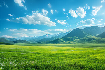 Fototapeta premium Summer alpine grasslands with blue sky and white cloud background