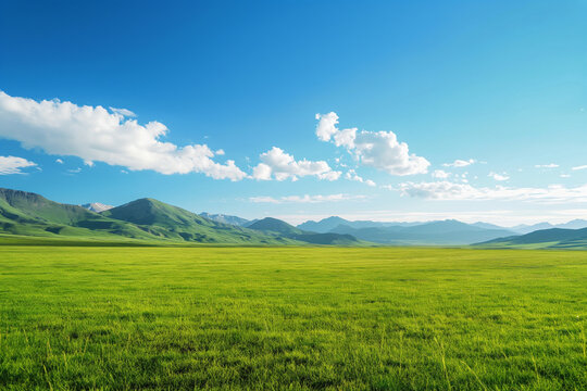 Summer alpine grasslands with blue sky and white cloud background
