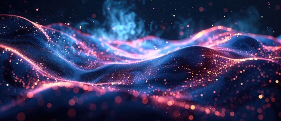 Abstract cosmic landscape with swirling blue and pink energy.