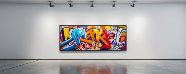 Art gallery scene with a spotlight on a vibrant graffiti-style painting, showcasing street art elements and bold colors on a clean white wall.
