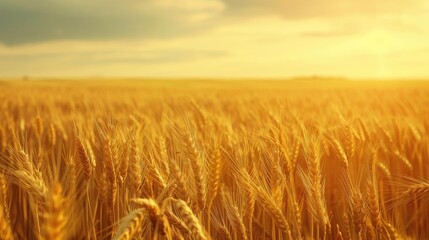 Obraz premium A beautiful golden wheat field under a warm and serene sunset, showcasing the beauty of nature and agriculture.