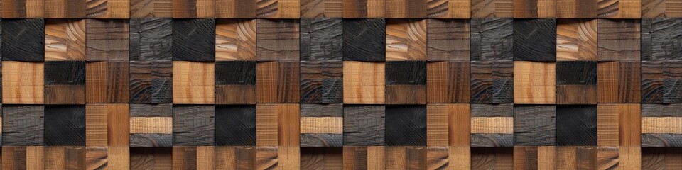 Wooden square cubes texture background banner panorama, seamless pattern - Dark brown black rustic wood timber wall