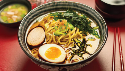 Very tasty and delicious Japanese ramen and soup with traditional Japanese views on a red table