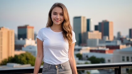 Obraz premium Teenage girl wearing white t-shirt and grey jeans standing on cityscape background