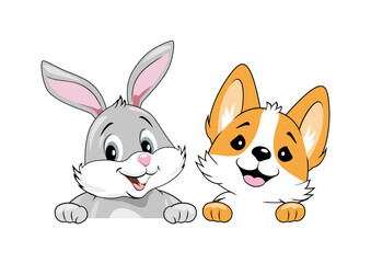 Peeking smiling rabbit and welsh corgi dog