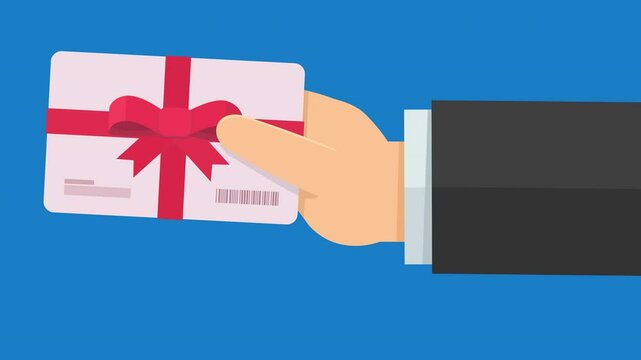 A hand presents a gift card on blue background (flat design)