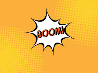 Lettering boom on orange background with halftone effect