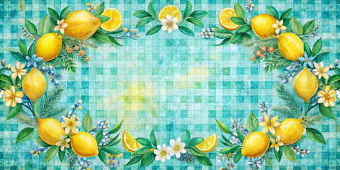 Bright lemons and slices decorated with delicate white flowers and green foliage against a textured turquoise background with a checkered pattern.Symmetrical design forms a border,with copy space.AI