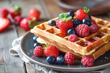 A delicious and healthy breakfast of whole grain waffles topped with fresh berries