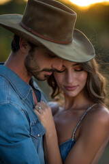 Young western couple in love. Sunset farm. Farmer. Handsome cowboy and his pretty girlfriend. Golden hour warm hues. Cowboy hat, jeans and denim shirt. Rustic rural male and female in love. 