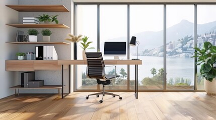 Fototapeta premium Modern minimalist home office with a sleek desk, ergonomic chair, and large windows