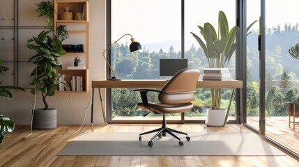 Fototapeta premium Modern minimalist home office with a sleek desk, ergonomic chair, and large windows