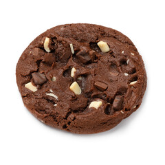 Single homemade sweet brown American chocolate chip cookie isolated on white background close up