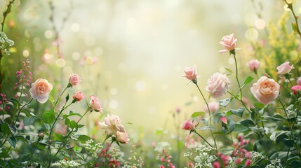 A serene garden scene with blooming roses