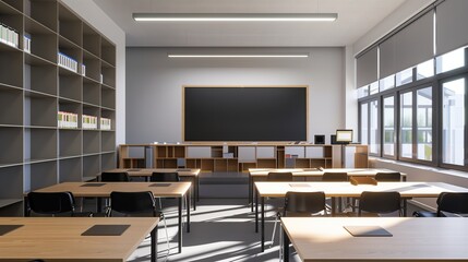Modern classroom with grey walls, wooden desks, and large windows, showcasing a bright and clean educational setting