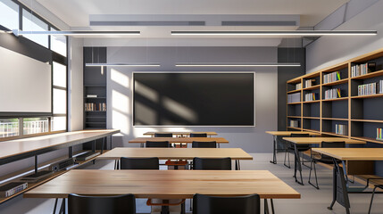 Modern classroom with grey walls, wooden desks, and large windows, showcasing a bright and clean educational setting