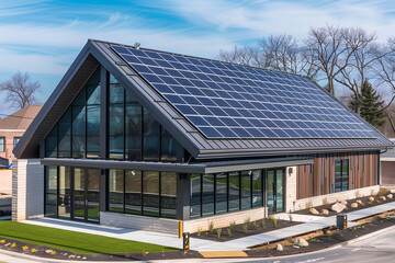  Contemporary building with solar panels and large windows