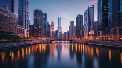 A bustling modern city skyline at twilight, with skyscrapers reflecting in the calm river below