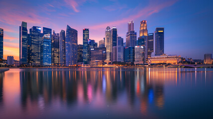 Obraz premium A bustling modern city skyline at twilight, with skyscrapers reflecting in the calm river below