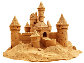 A sand castle isolated on a white background. Created with Generative AI technology.