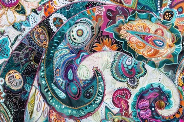 Fototapeta premium Vibrant Paisley Swirls, Multicolored paisley patterns with intricate details, Energetic Decorative Art Psychedelic Paisley Design, Bold and colorful paisley motifs with dynamic shapes, Lively Textile 