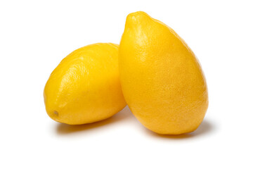 Pair of fresh ripe yellow lemon snack isolated white background close up
