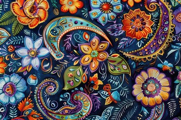 Vibrant Floral Paisley, Multicolored flowers and paisley patterns on dark background, Lively Decorative Art
Colorful Botanical Swirls, Bright flowers with intricate paisley designs, Dynamic Textile