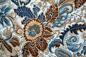 Blue and Brown Floral Pattern, Light Background, Intricate Botanical Design, Ornate Flowers and Leaves, Beige and Blue Tones, Elegant Decorative Art