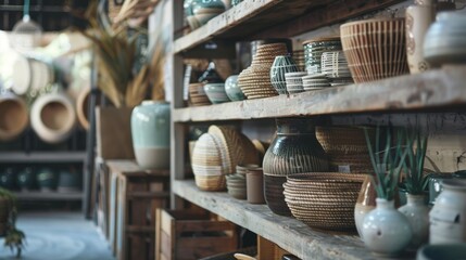 Naklejka premium Handmade Pottery on Wooden Shelves
