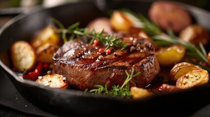 Delicious grilled steak with roasted potatoes and fresh herbs in a cast iron skillet, perfect for a gourmet dinner.