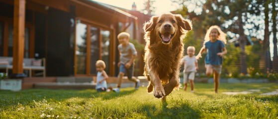 A spacious backyard with a family playing with their energetic dog The dog jumps to catch a frisbee while children run around laughing and enjoying the outdoor space