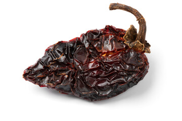 Single smoked Mexican chile chipotle Morita pepper isolated on white background close up