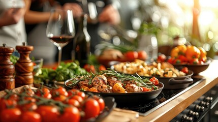 Friends enjoying a high-end cooking class together, close-up view, copy space