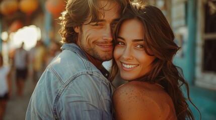 A happy couple embracing each other warmly, standing in a sunny outdoor location. Both are smiling brightly, suggesting a carefree and joyful moment under the sun.