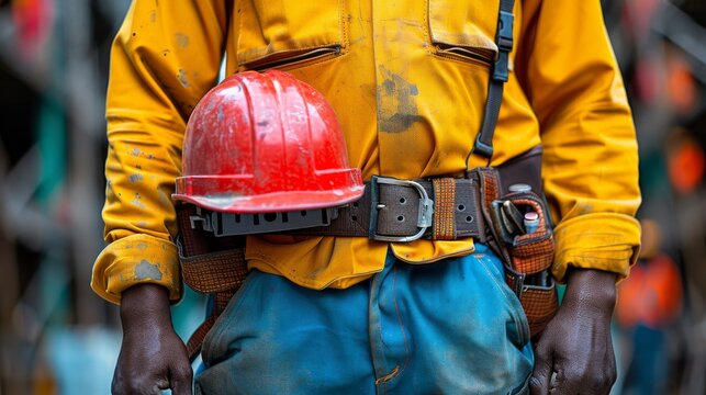 A construction worker wearing yellow safety gear holds a red helmet, suggesting protection and compliance with safety standards at a busy construction site, underlining readiness and professionalism.