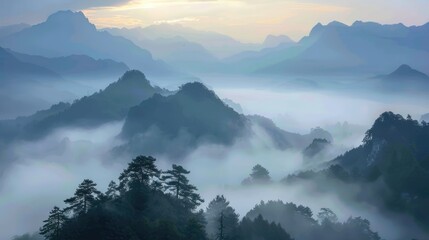 Misty mountain view, where peaks rise above the fog, offering a breathtaking glimpse of nature's grandeur