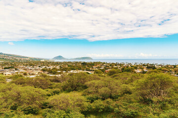 Aerial view of lush forest with city in background under cloudy sky