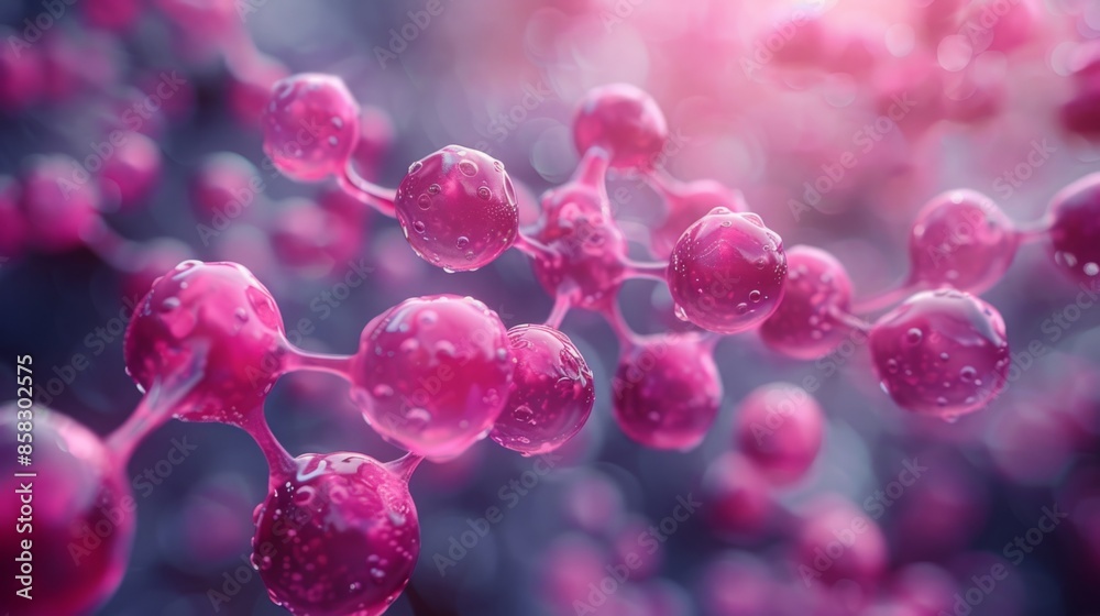 Poster Close-up image of a pink molecular structure with spheres connected by thin lines, illuminated by a bright light source.