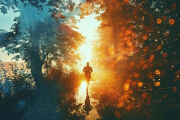 Obraz premium Man running at sunrise in forest close up, focus on, copy space Soft morning light Double exposure silhouette with sunrise