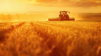 Fototapeta premium Tractor plowing field close up, focus on, copy space Golden wheat fields Double exposure silhouette with crops