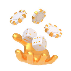 Golden hand holding white dice and casino chips, symbolizing luck and success in gambling isolated on a white background. 3D render illustration