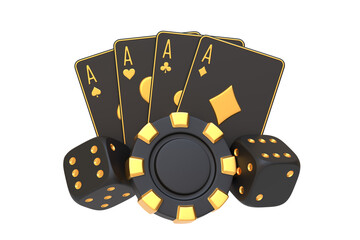 Casino set featuring a royal flush of aces, black and gold dice, and chips, set isolated on a white background. 3D render illustration