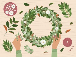 Brown female hands making wedding wreath at floristic workshop with eco-friendly materials. Magnolia, eucalyptus, bay leaves, anemone flowers. Florist at work. Hand drawn vector illustration © m.malinika