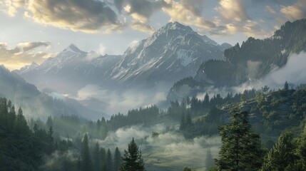 Obraz premium Mist-covered mountains under a serene sky, a tranquil and scenic vista that invites exploration.