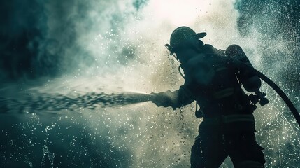 Firefighter with hose close up, focus on, copy space Powerful water spray Double exposure silhouette with hose