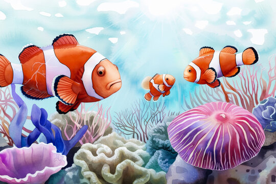 Vivid underwater scene featuring three clownfish navigating a coral reef, highlighting the importance of marine life conservation during summer tourism